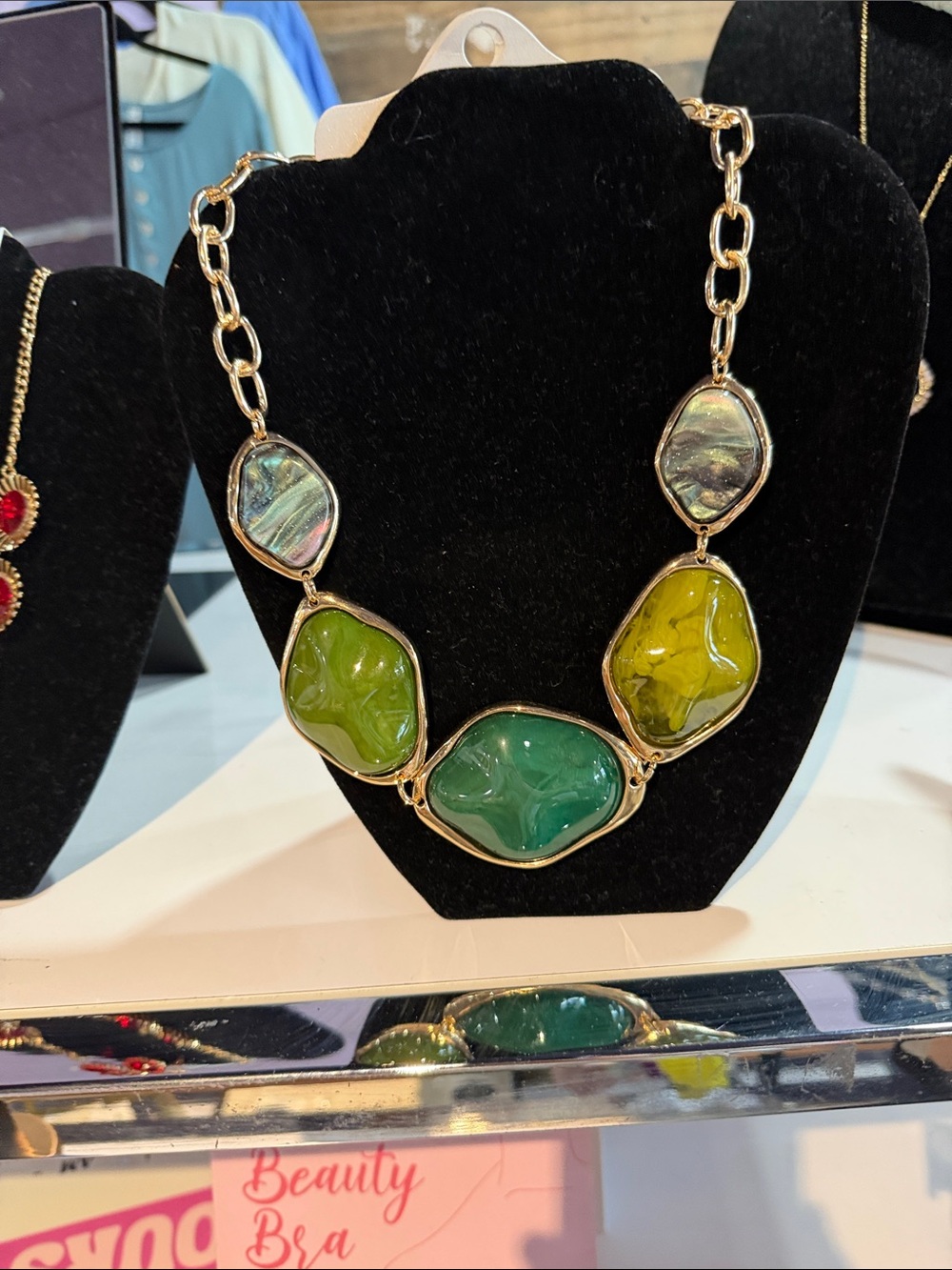 Gold-Tone Green Statement Necklace - Designer